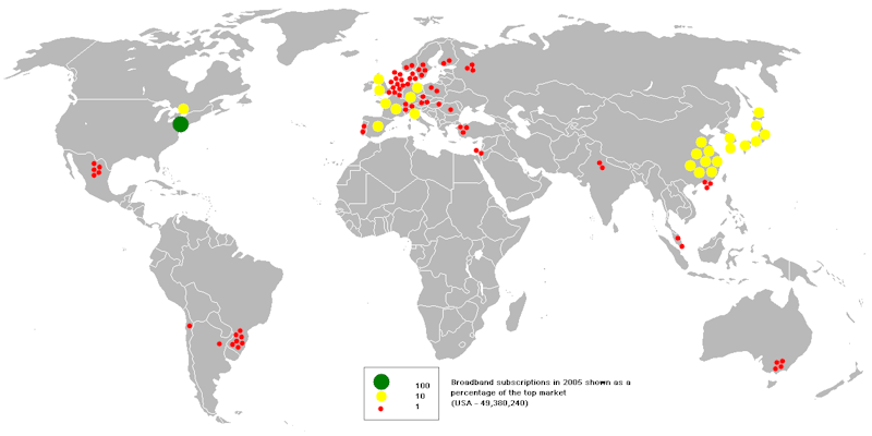 Mapa de la distribución de clientes de banda ancha del 2005.